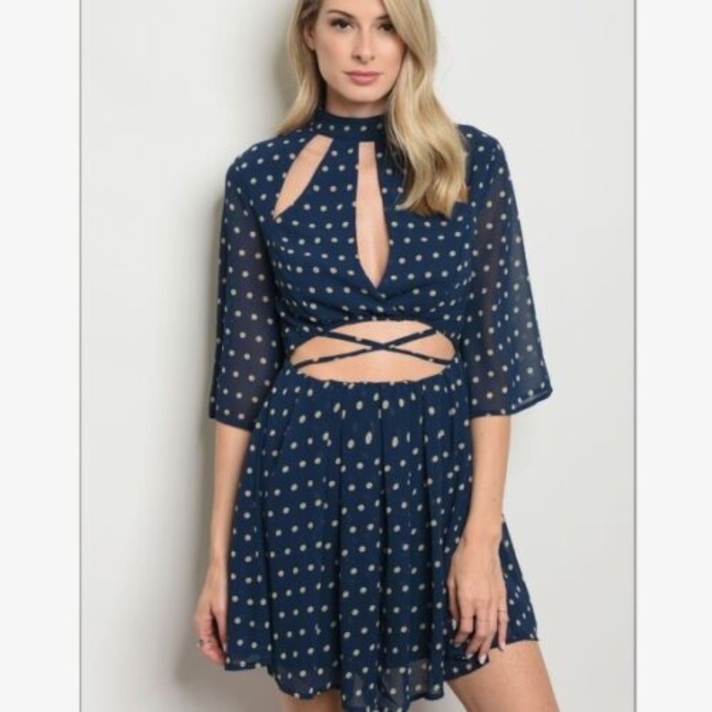 Blue & Tan Polka Dots Cutout Romper Large Midriff 3/4 Sleeves Above Knee Sexy